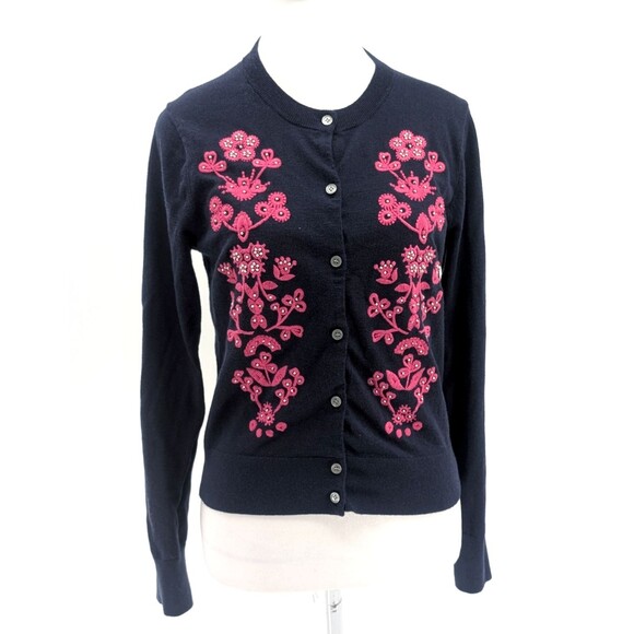 J. Crew Embroidered Jackie Navy Pink Pearls Wool Blend Cardigan Sweater Size Med - Picture 1 of 8